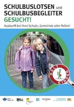Plakatkampagne zur Gewinnung von zusätzlichen Schulbuslotsen und Schulbusbegleitern.