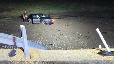 Fahrer durchbricht bei Jettingen Leitplanke am Kreisverkehr und landet im Feld.