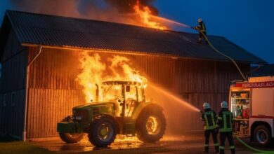 Traktor brennt vor einem Stadel. Feuerwehr löscht.