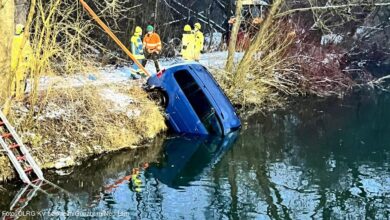 Ein missglücktes Abbiegen auf schneebedeckter Fahrbahn endete am Donnerstagnachmittag, 08.01.2026 bei Hochwang in einem eiskalten Einsatz in der Günz.
